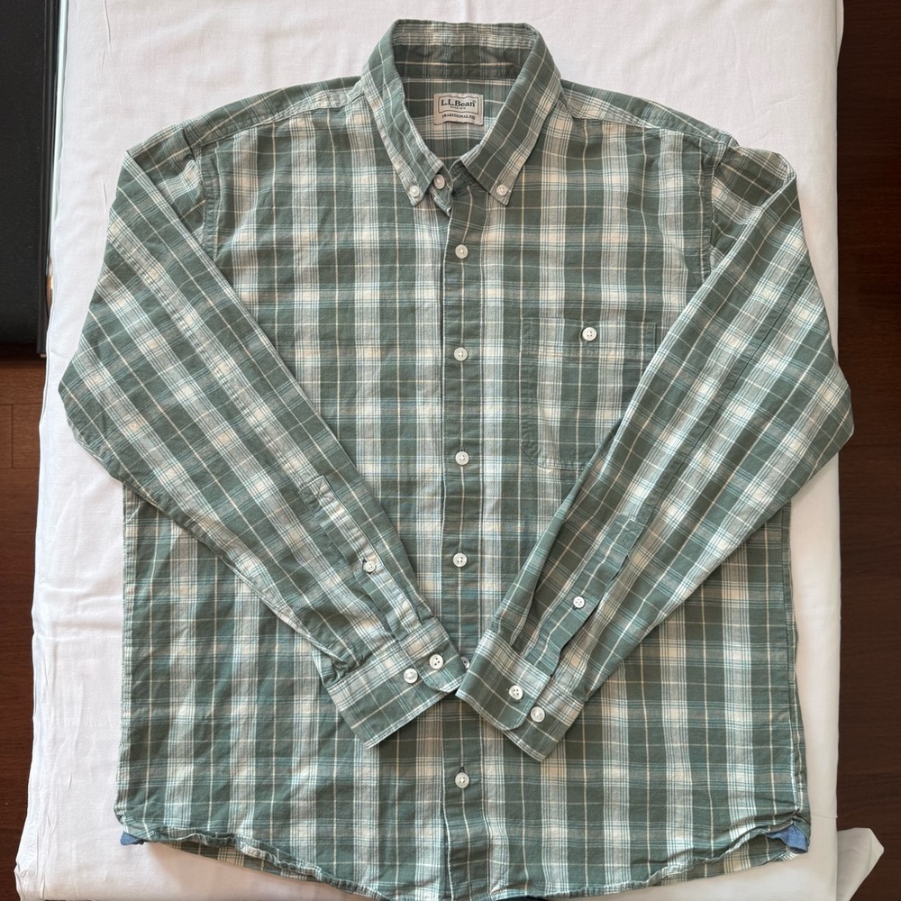 L.L.Bean Plaid Button Down Shirt Mens L Green Traditional Fit Cotton Stretch